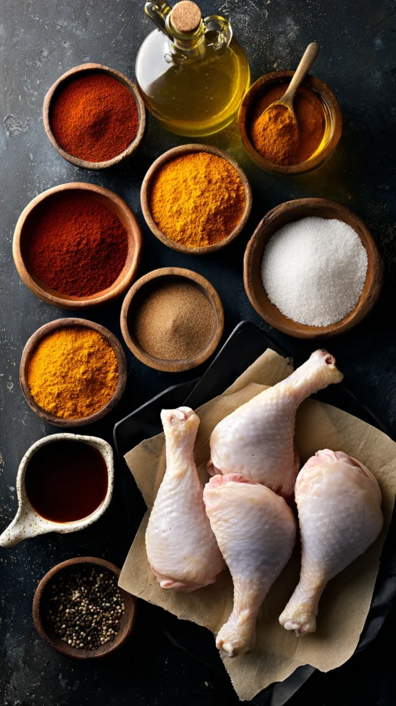 All ingredients needed for oven-baked BBQ chicken legs including spices, BBQ sauce, olive oil, and raw chicken legs
