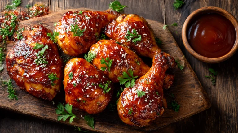 BBQ chicken thighs and drumsticks glazed with caramelized barbecue sauce on a wooden cutting board – easy oven-baked recipe