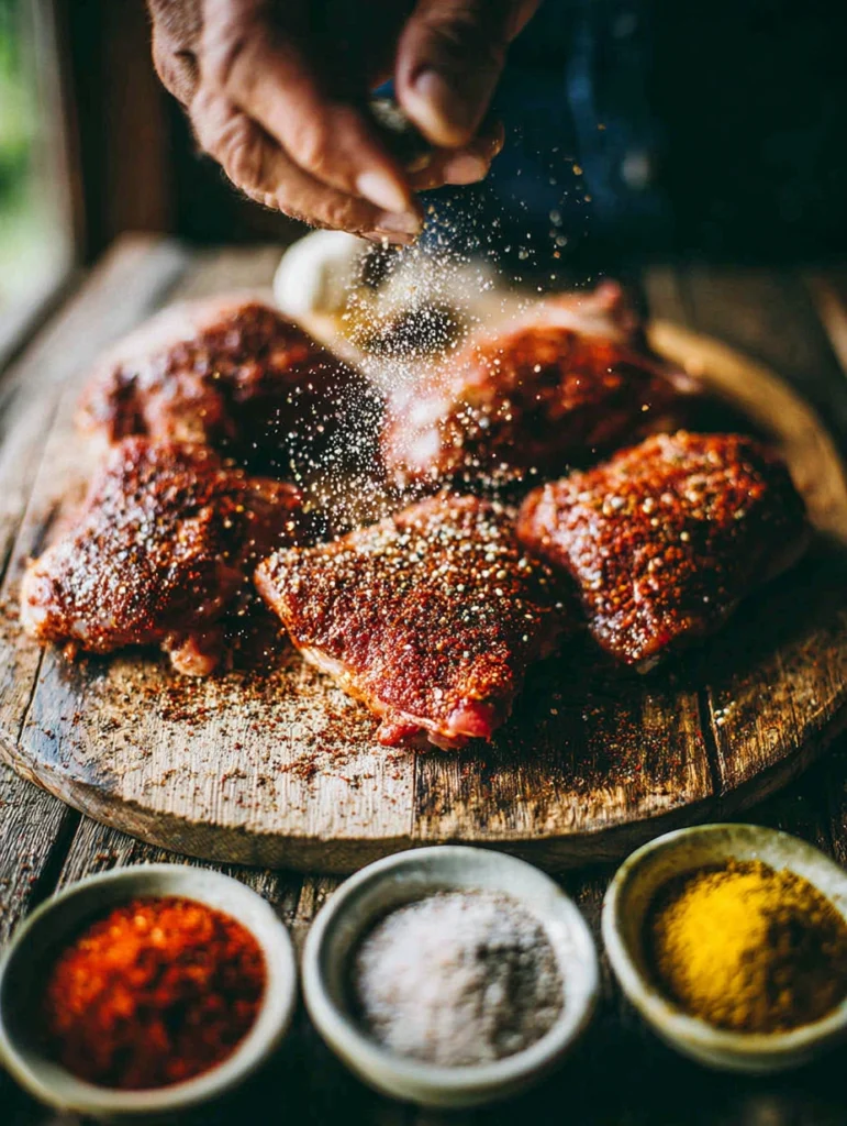 Seasoning raw chicken thighs with homemade BBQ dry rub and spice bowls on a wooden board