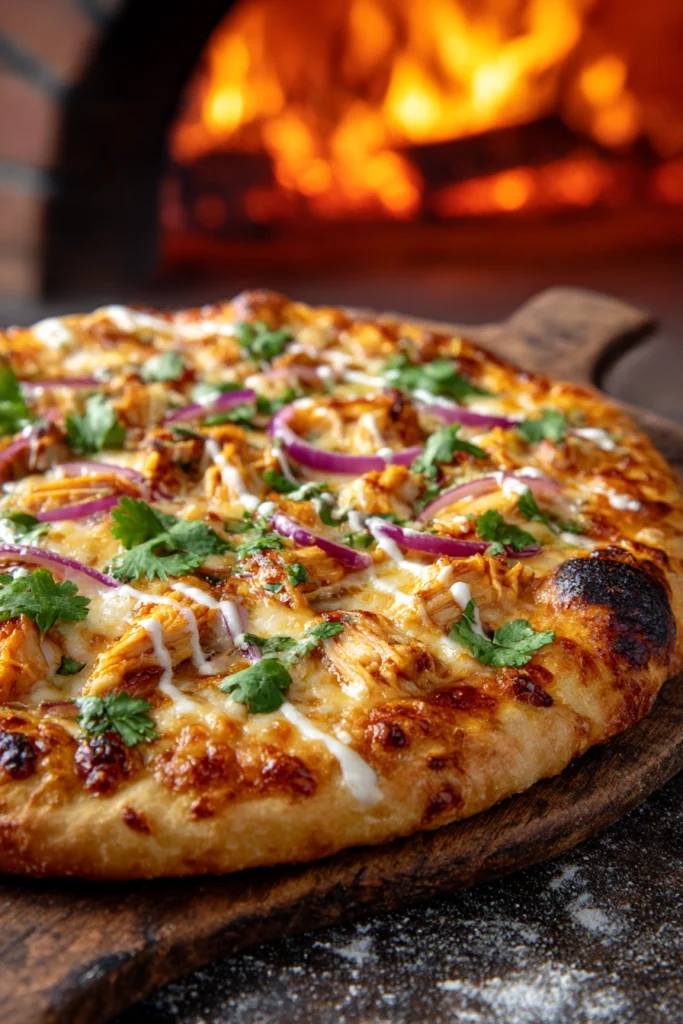 homemade bbq chicken pizza with bubbly mozzarella red onion cilantro ranch drizzle on wooden pizza peel
