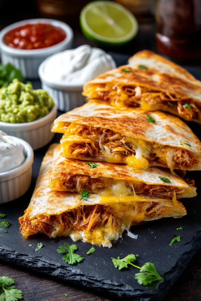 crispy bbq chicken quesadilla triangles with stretchy melted cheese on slate plate with salsa guacamole sour cream