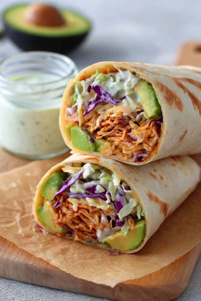 bbq chicken wraps cut in half showing coleslaw avocado cheese filling on parchment paper with ranch dressing