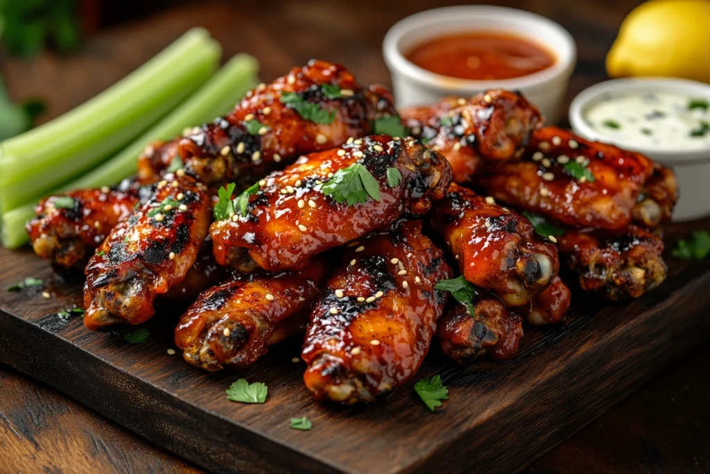 Charred grilled chicken wings with a sticky caramelized glaze served on a wooden board with dipping sauces