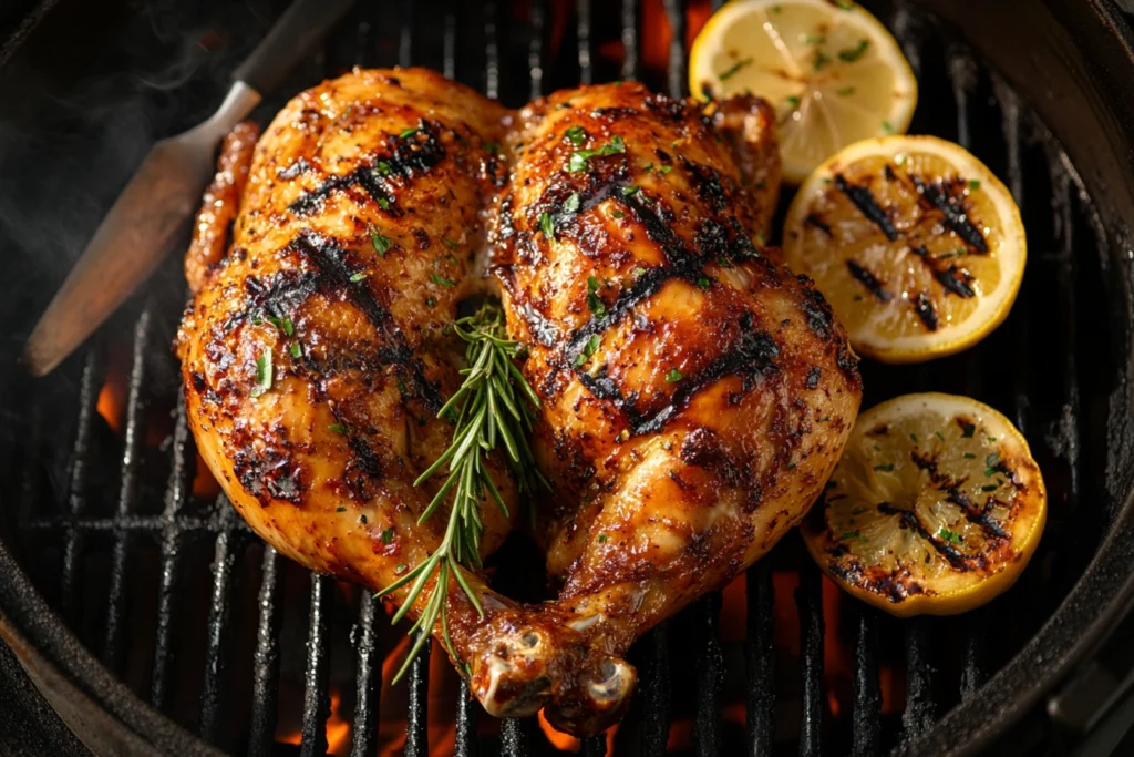 Spatchcocked whole chicken grilling skin-side up with crispy golden-brown skin and rosemary on the grate