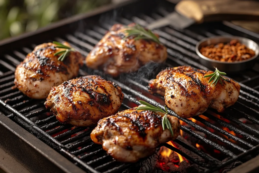 Assorted chicken pieces grilling over charcoal with visible grill marks and a golden-brown sear in a backyard setting