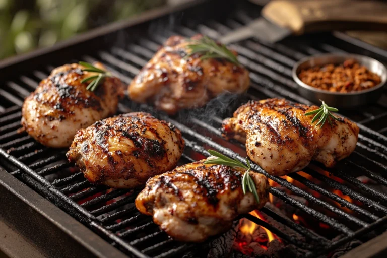 Assorted chicken pieces grilling over charcoal with visible grill marks and a golden-brown sear in a backyard setting