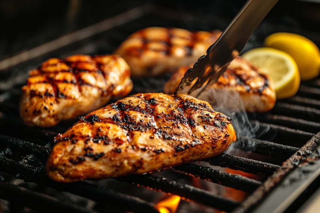 Boneless skinless chicken breasts cooking on a hot grill with diamond grill marks and light steam rising