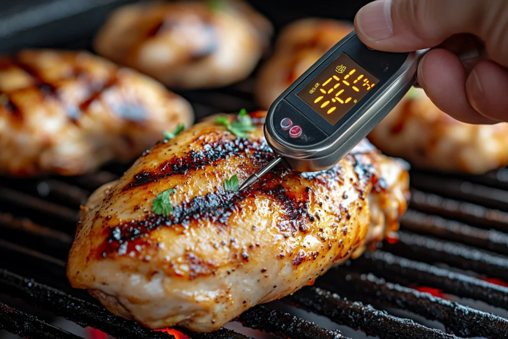 Instant-read meat thermometer showing 165°F inserted into a grilled chicken breast to check doneness