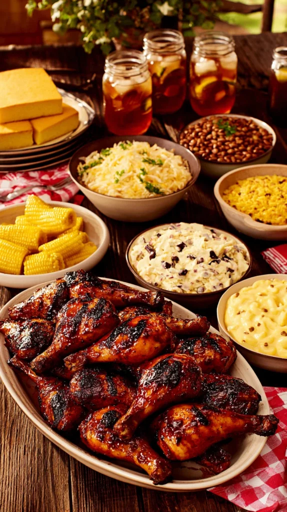 Complete BBQ dinner spread with oven-baked chicken legs, coleslaw, cornbread, baked beans, and mac and cheese