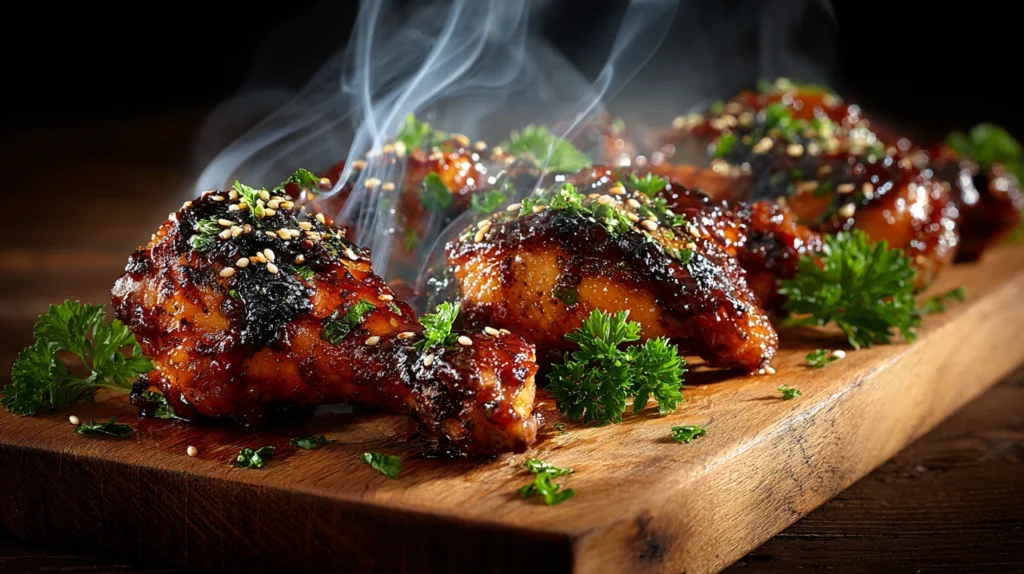 BBQ chicken legs cooked in the oven with crispy caramelized barbecue sauce glaze on a wooden cutting board