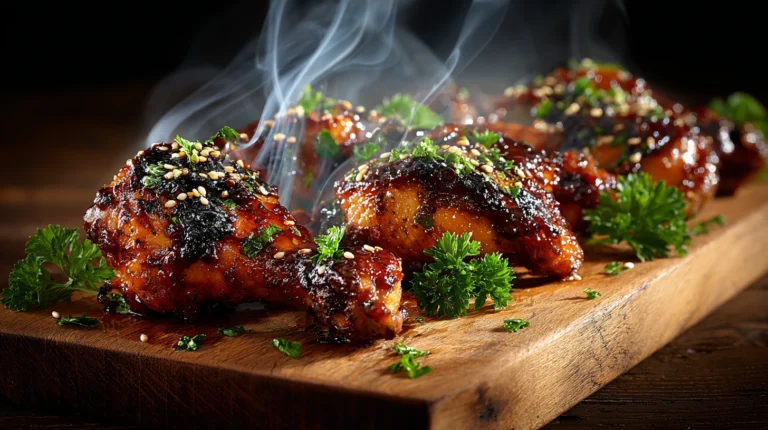 BBQ chicken legs cooked in the oven with crispy caramelized barbecue sauce glaze on a wooden cutting board