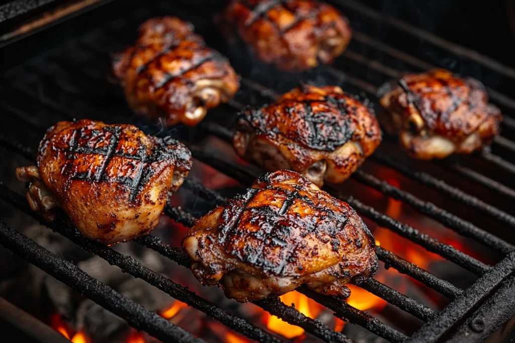 Crispy skin-on bone-in chicken thighs grilling over charcoal with a deep golden-brown sear using two-zone heat