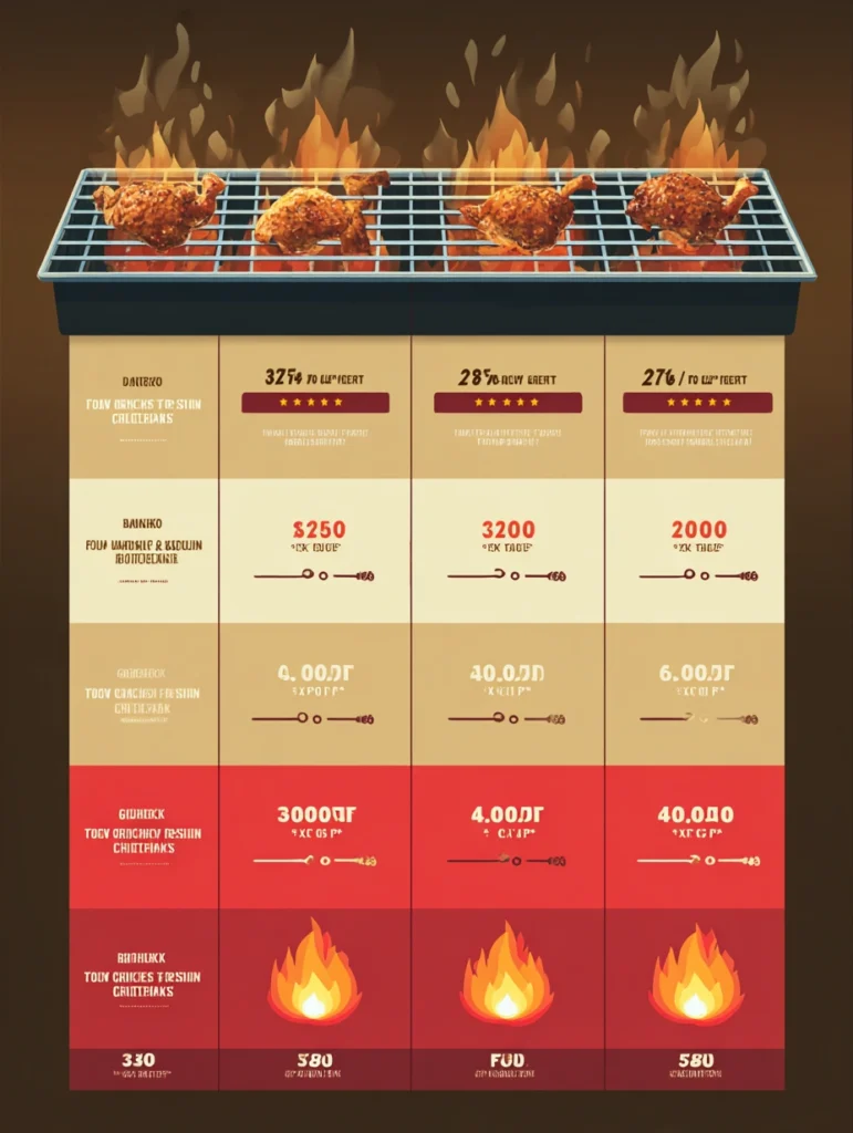 Chart showing BBQ bone-in chicken thigh cook times from 25 to 65 minutes at temperatures from 275°F to 425°F
