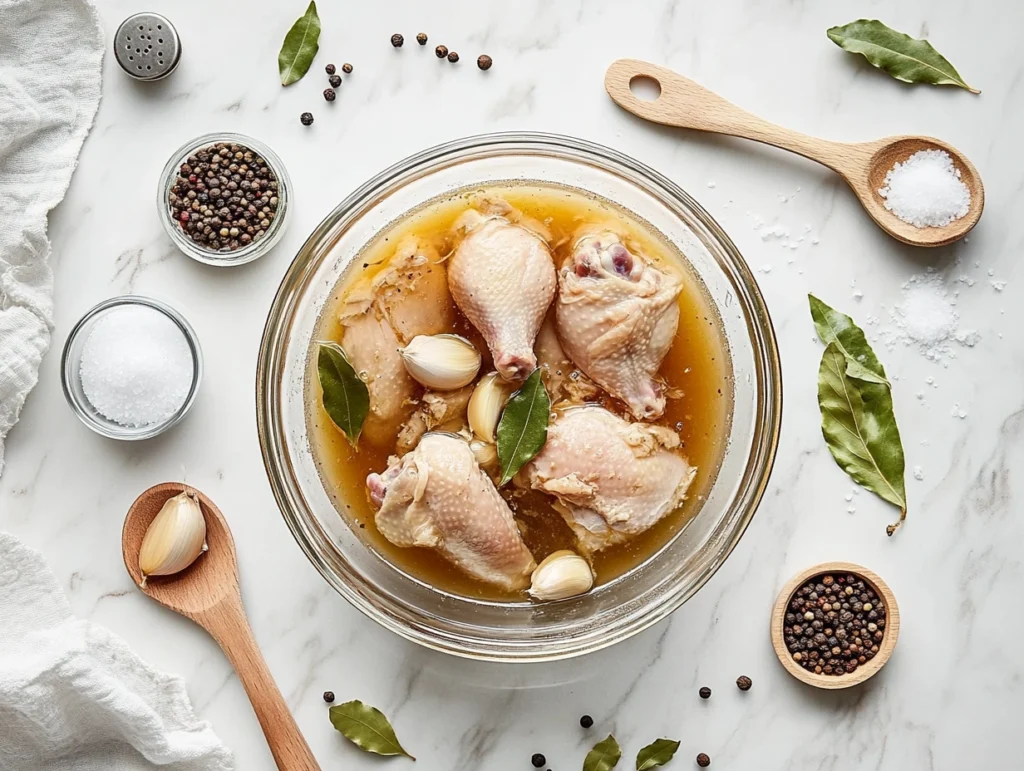 Chicken pieces submerged in a brine solution with garlic, bay leaves, and peppercorns in a glass bowl