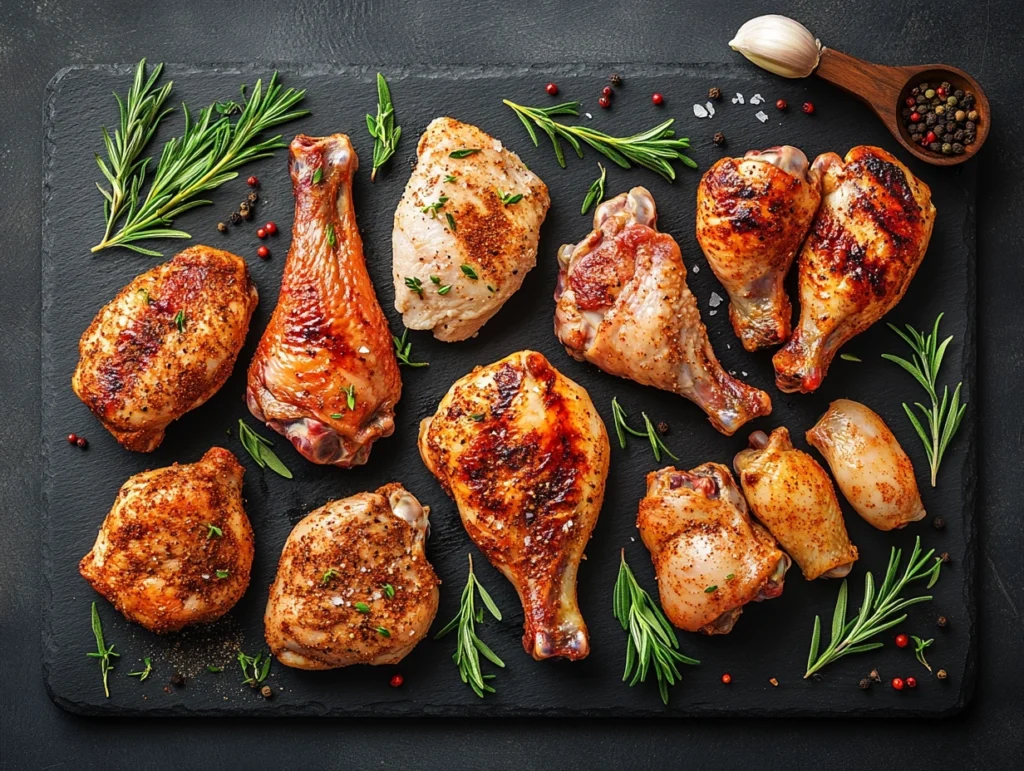 Raw seasoned chicken cuts on a cutting board including boneless breast, bone-in breast, thighs, drumsticks, and wings ready for grilling