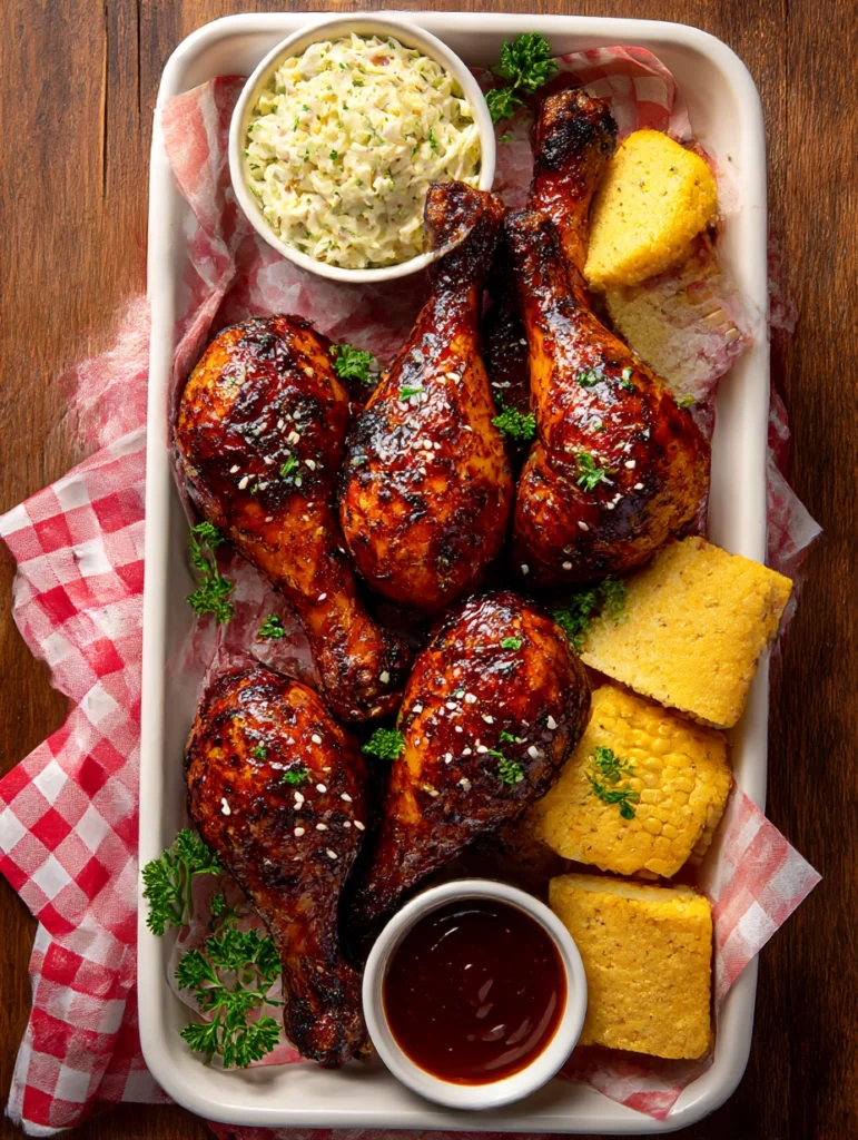 Finished oven-baked BBQ chicken drumsticks served on a platter with coleslaw, cornbread, and baked beans