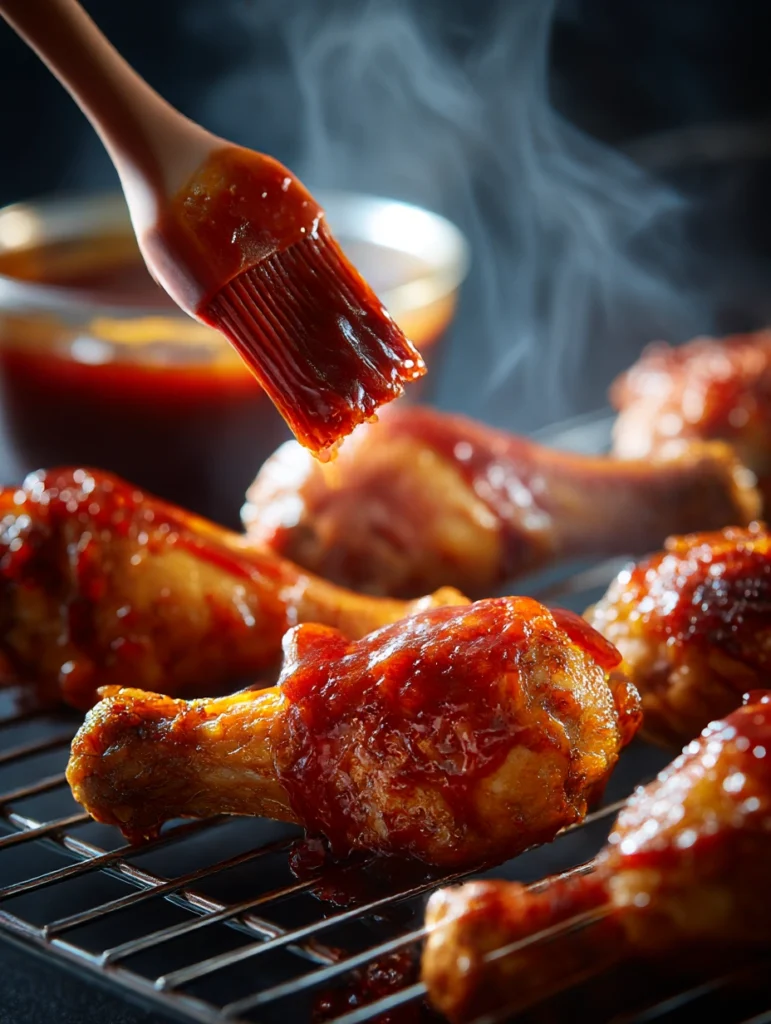 Brushing BBQ sauce glaze onto partially cooked chicken drumsticks in the oven
