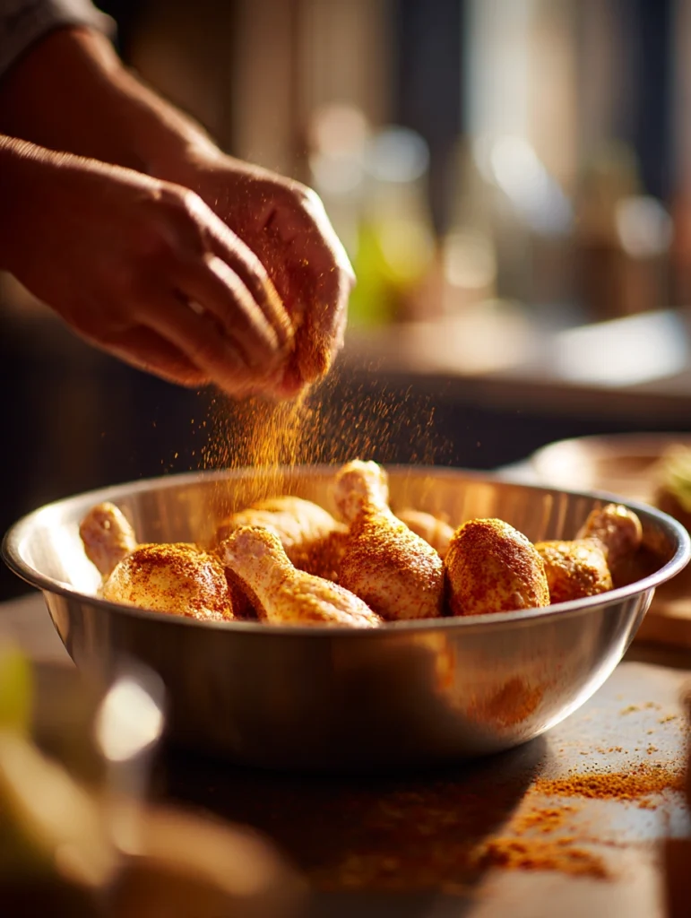 Hands rubbing dry spice mixture onto raw chicken drumsticks for oven BBQ recipe