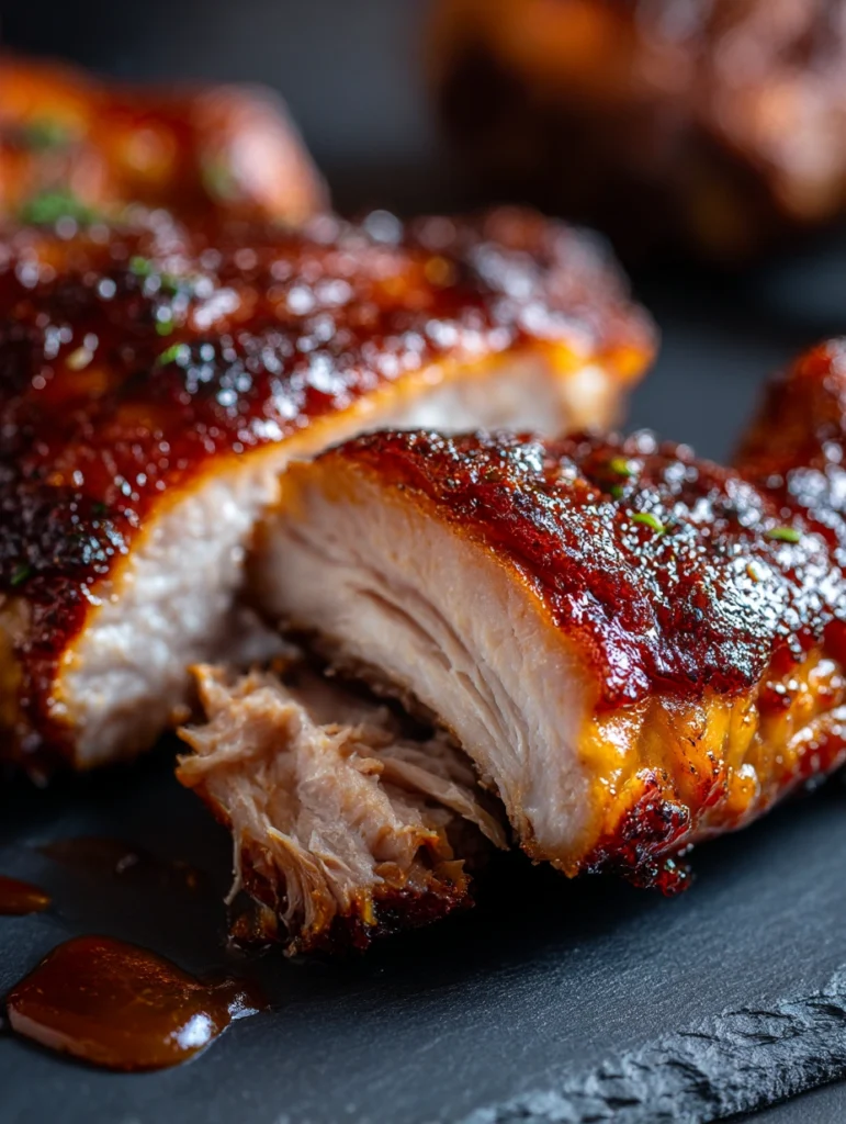 Cross-section of a juicy BBQ chicken drumstick showing tender fall-off-the-bone meat inside