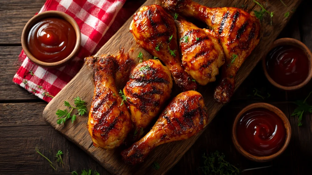 BBQ chicken drumsticks cooked in the oven with caramelized barbecue sauce on a rustic wooden cutting board