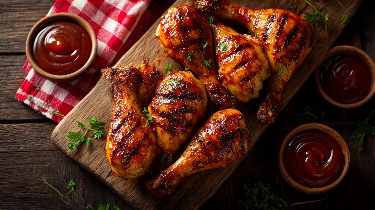 BBQ chicken drumsticks cooked in the oven with caramelized barbecue sauce on a rustic wooden cutting board