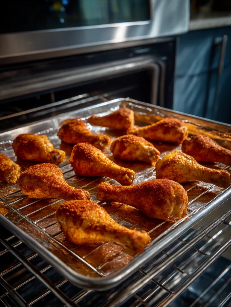 Seasoned chicken drumsticks arranged on a wire rack over a baking sheet ready for the oven