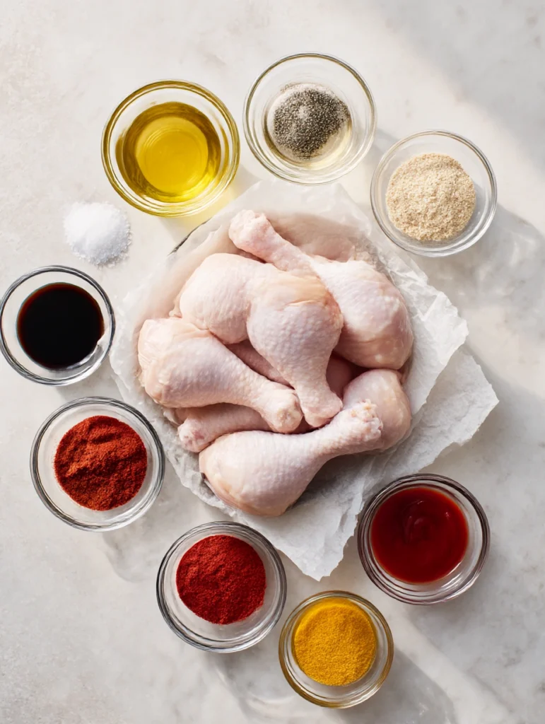 All ingredients needed for oven-baked BBQ chicken drumsticks arranged in a flat lay on a marble countertop