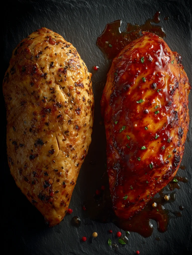 Comparison of dry overcooked BBQ chicken versus juicy properly reheated chicken