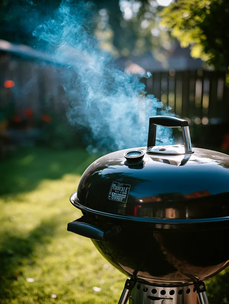 Charcoal grill with closed lid and thermometer showing 365°F while smoking chicken thighs