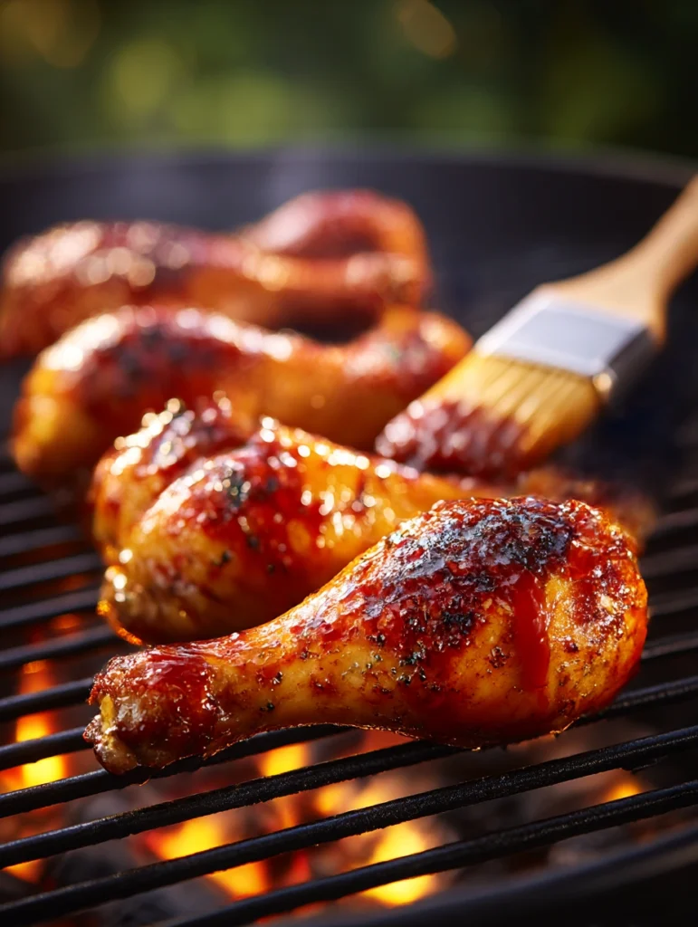 BBQ glazed chicken drumsticks cooking on a charcoal grill