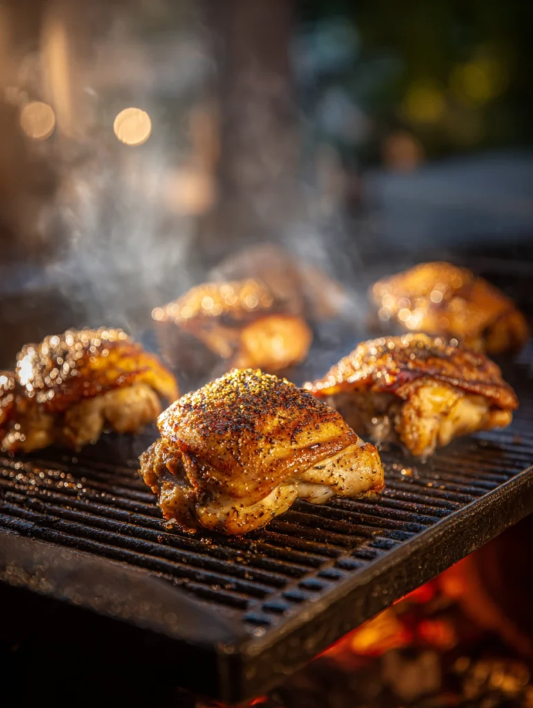 BBQ chicken thighs cooking skin-side down on charcoal grill with smoke and grill marks