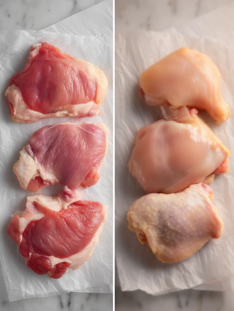 Bone-in skin-on vs boneless skinless chicken thighs side by side comparison for BBQ