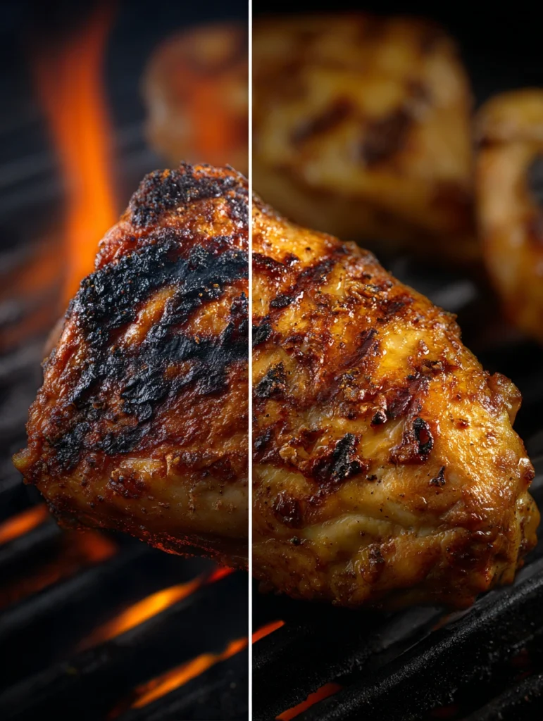 Comparison of burnt chicken thigh from direct heat versus perfectly grilled bone-in chicken thigh using two-zone method