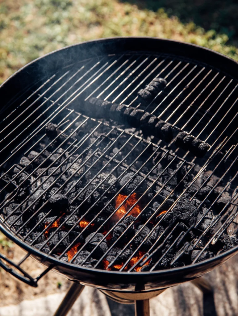 Two-zone charcoal grill setup with hot coals on one side and empty grate for indirect BBQ cooking