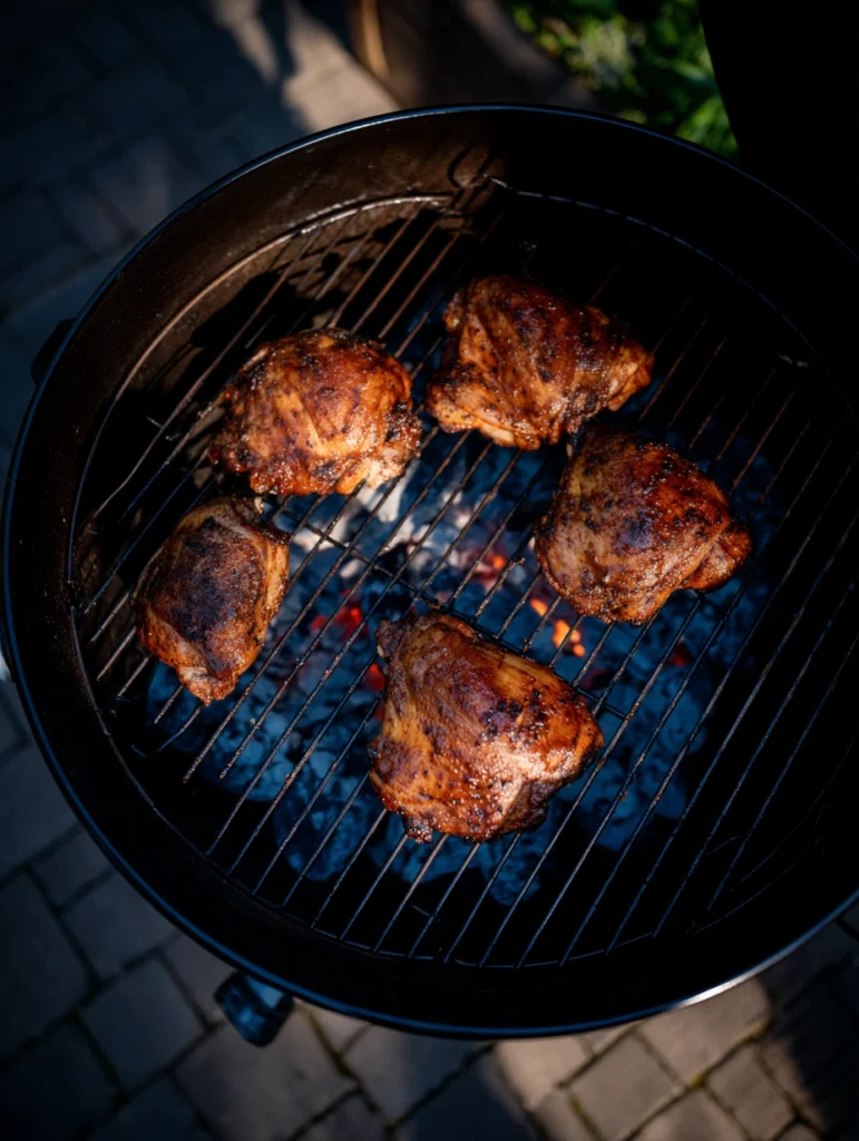 Top view of Weber charcoal grill with two-zone setup showing coals on one side and chicken thighs on indirect side