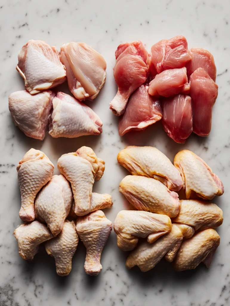 Different raw chicken cuts for oven BBQ – bone-in thighs, drumsticks, breasts, and wings on a marble surface
