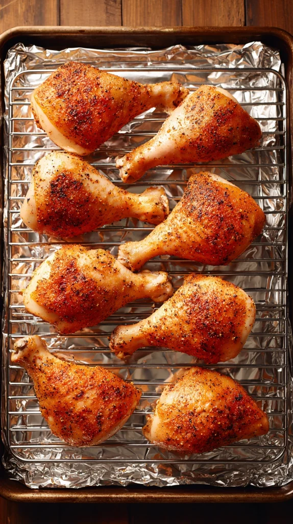 Seasoned chicken legs arranged on a wire rack over a foil-lined baking sheet ready for the oven