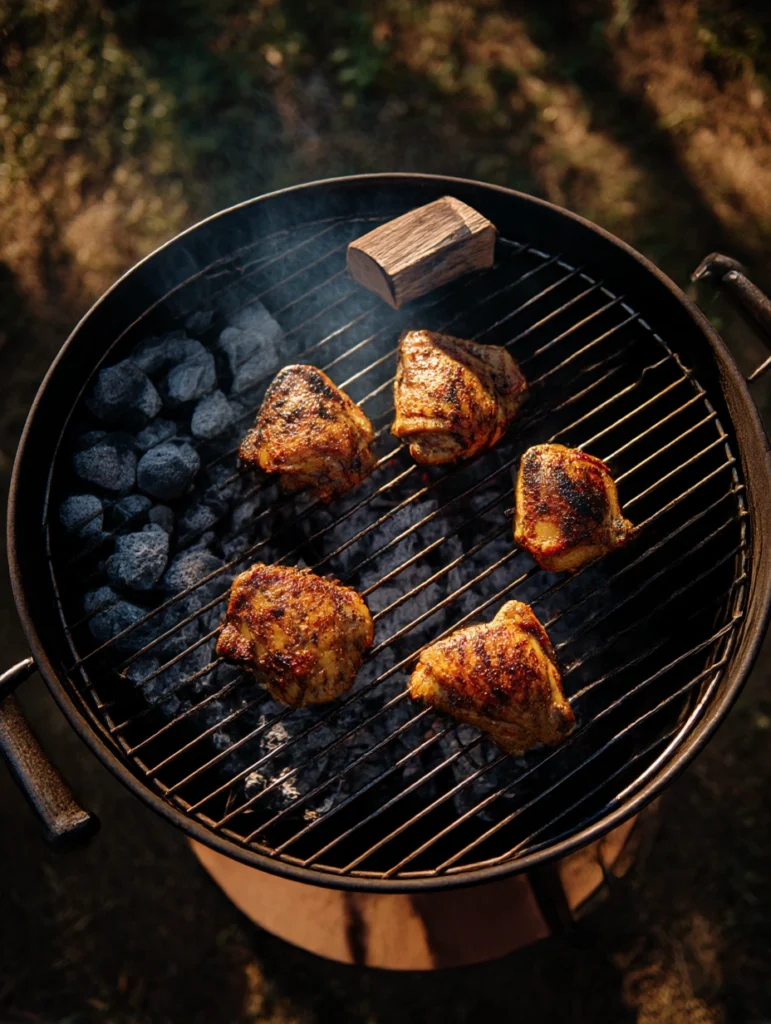 Two-zone charcoal grill setup showing direct and indirect heat zones for cooking BBQ chicken thighs