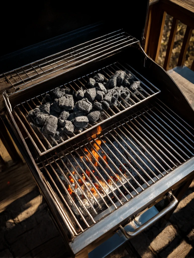 Two-zone charcoal grill setup with hot coals on one side for grilling chicken thighs