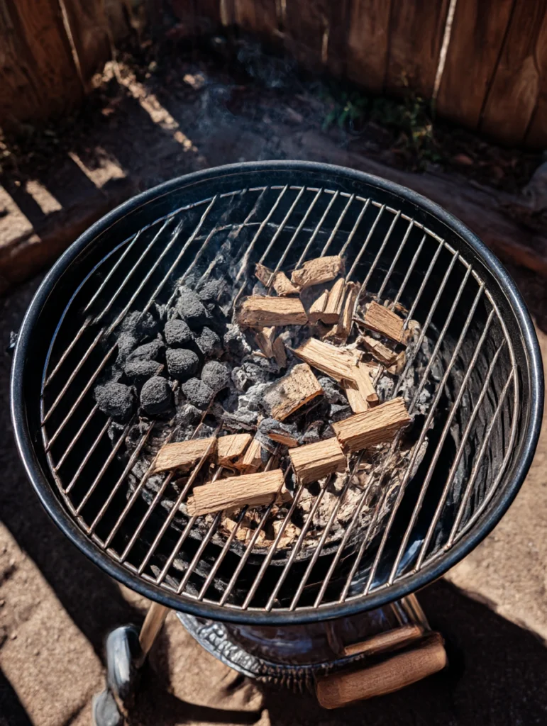 Charcoal grill set up with two-zone indirect heat showing coals on one side and a drip pan on the other for BBQ chicken