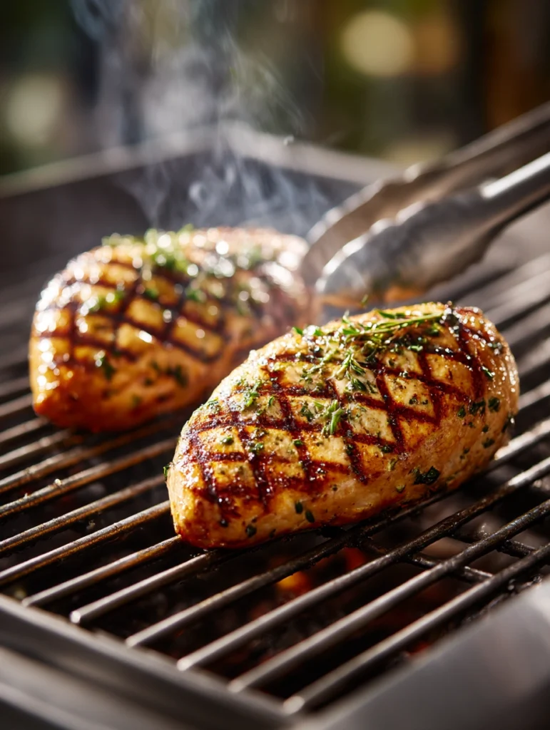 Boneless chicken breasts with grill marks cooking on a hot grill