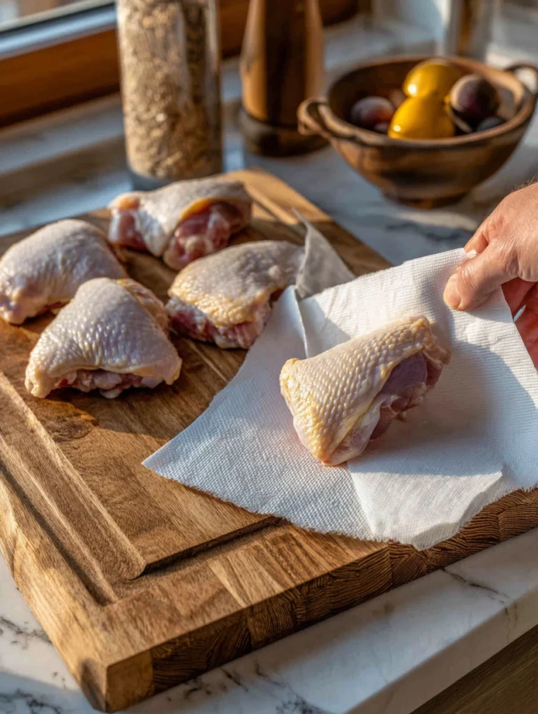 Patting raw bone-in chicken thighs dry with paper towels on a cutting board before seasoning